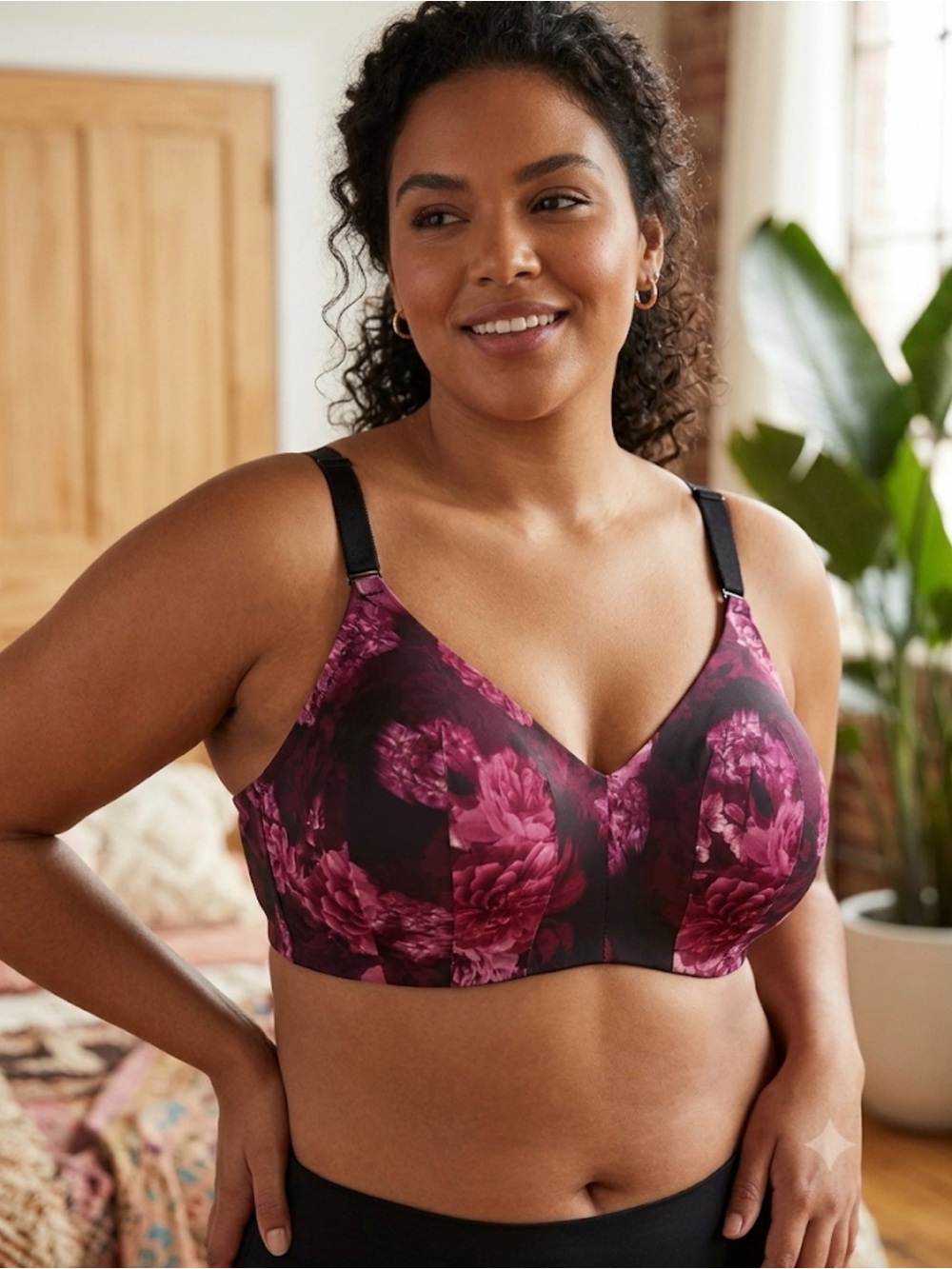 Torrid Floral Comfort Bra Wire-Free Lightly Lined Smooth Black Burgundy Size 42F